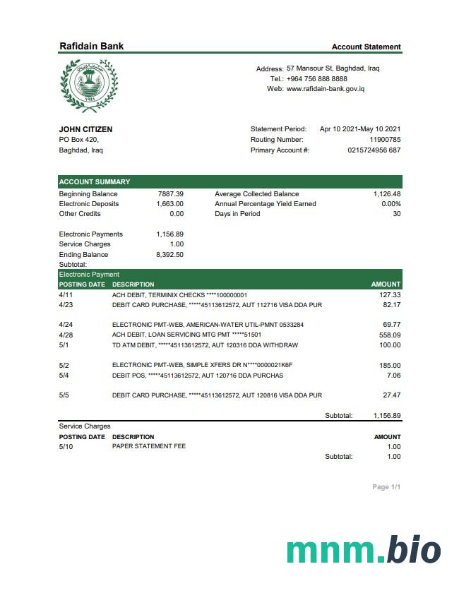 Irak Rafidain wyciąg bankowy Excel i szablon PDF